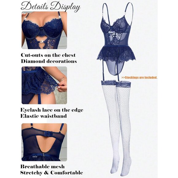 Sensational 4-Piece Women's Lingerie Set: Underwired Bodysuit & Lace Mini Skirt - Picture 3 of 8